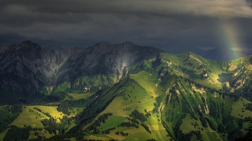 горы, горная гряда, тучи, свет, природа, швейцария, зеленые, серые